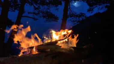 Adam ateşe odun atıyor. Dağlardaki bir ormanın önünde kıvılcımlar ve parçacıklar olan büyük, alev alev yanan bir şenlik ateşi. Geceleyin ay ışığında şenlik ateşi.