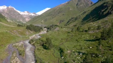 Elbrus Dağı. Fırtınalı dağ nehri. Kuzey Elbrus bölgesinin yeşil yamaçları. Güzel bir dağ manzaralı yaz manzarası.