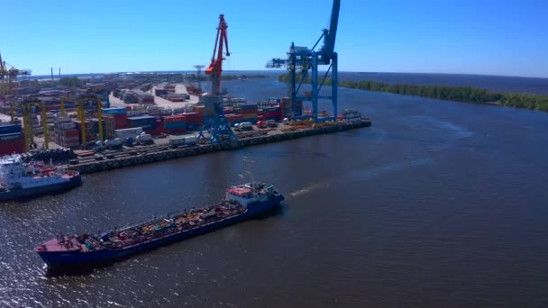 Aerial View Row Construction Cargo Cranes River Bank Boat Sailing — Stock Video