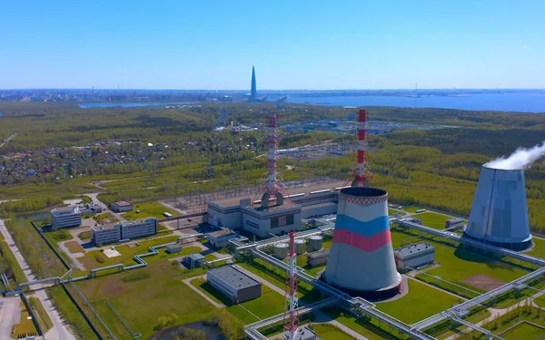 Industrial heat supply for a big city. Aerial view of a thermal power plant. Combined heat and power plant