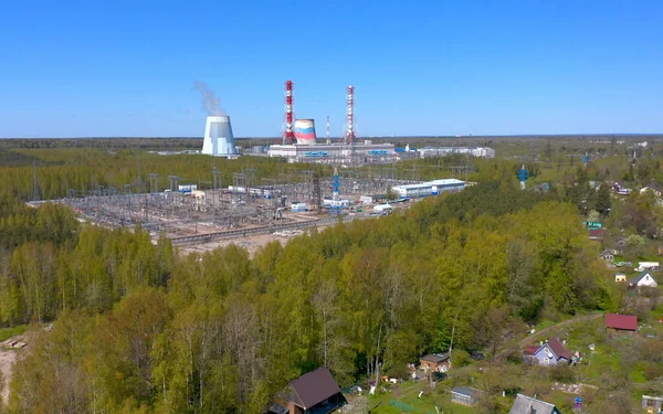 Industrial heat supply for a big city. Aerial view of a thermal power plant. Combined heat and power plant.