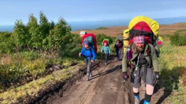 KAMCHATKA PENINSULA, RUSSIA - 9 Eylül 2020: Güneşli bir yaz gününde bir grup yürüyüşçü yürüyüşe çıktı. Klyuchevskoy volkan parkında gezinti. Kamçatka Yarımadası 'na git..