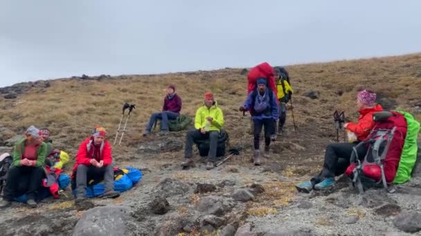 Dva Turisté Velkými Batohy Trekkingovými Tyčemi Procházejí Kolem Skupiny Táborníků — Stock video