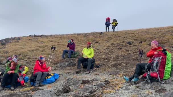 Turisté Odpočívají Místě Pijí Vodu Jedí Ořechy Trekking Sopečném Parku — Stock video