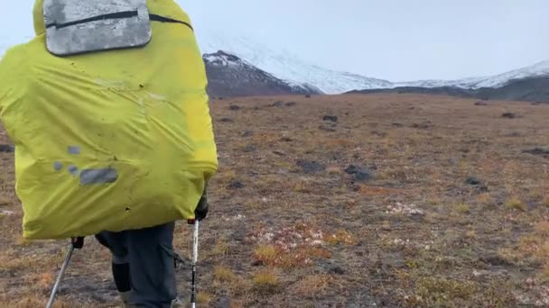 Kamchatka Peninsula Russia September 2020 带着背包和远足杆的游客走向Klyuchevskaya Sopka火山 在Klyuchevskoy火山公园旅行 前往堪察加半岛 — 图库视频影像