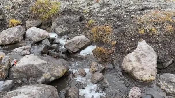 きれいな おいしい山の水と美しいストリーム 飲料水は石の上に注ぐ 山の中できれいな水の天然源 カムチャツカ半島への旅行 — ストック動画