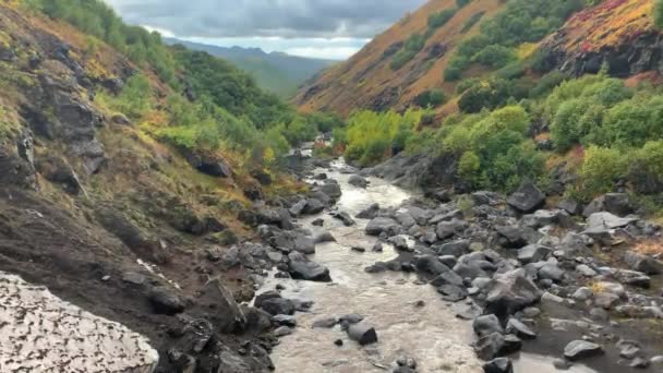 Tormentoso Río Montaña Desborda Entre Las Piedras Impresionante Paisaje Otoño — Vídeos de Stock