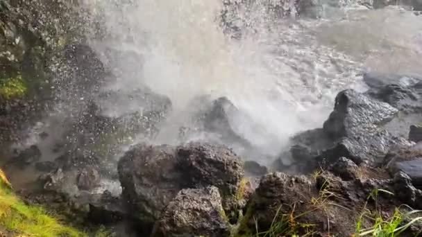 Mountain waterfall falls over the stones and turns into a turbulent river. Amazing autumn landscape. Beautiful place. Travel to the Kamchatka Peninsula. — Stock Footage Mountain Waterfall Falls Stones Turns Turbulent River Amazing Autumn Landscape Royalty Free Stock Footage