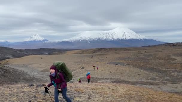 一群带着背包和手杖的远足者沿着无尽的冻土带走着 在Klyuchevskoy火山公园旅行 前往堪察加半岛 — 图库视频影像