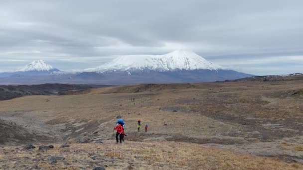 带着背包和手杖的游客沿着无尽的冻土带散步 在Klyuchevskoy火山公园旅行 前往堪察加半岛 — 图库视频影像