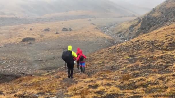 一群游客沿着秋天堪察加半岛的熔岩地从山上下来 在Klyuchevskoy火山公园探险 — 图库视频影像