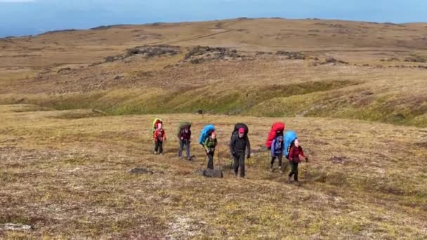 在Klyuchevskoy火山公园旅行 带着背包和手杖的旅行者走在冻土带上 前往堪察加半岛 — 图库视频影像