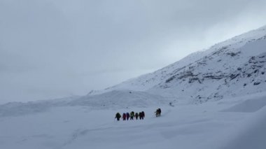 Sırt çantalı ve sırıklı küçük turistler dağlarda karla kaplı bir patika boyunca yürüyorlar. Uzaktan çekim. Dağ tırmanışı. Klyuchevskoy volkan parkında gezinti.