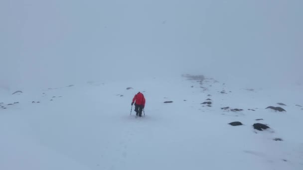 Один Подорожній Червоній Куртці Чорних Штанях Піднімається Сніжну Гору Гірське — стокове відео