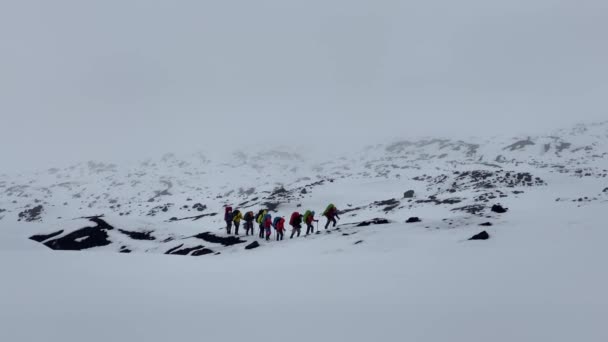 Toeristenklimmers Met Rugzakken Wandelstokken Lopen Een Ander Mist Sneeuw Bergbeklimmen — Stockvideo