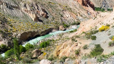 Khujand, Tacikistan 'daki fırtınalı dağ nehrinin manzarası. İçinden bir nehrin aktığı kayalık, çorak bir arazi. Asya 'ya bir yolculuk..