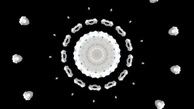 Soyut beyaz dantel. Bir kar tanesinin doğuşu kavramı. Farkındalık ve barış. Kutsal bir büyü deseni. İnanılmaz bir kaleydoskop. Şamanik ritüel çemberi