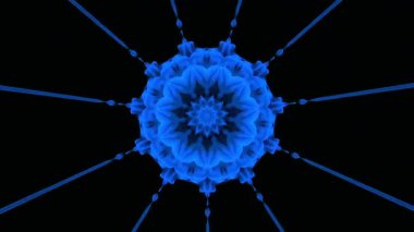 Mavi hipnotik ekran koruyucu. Siyah arka planda sihirli mavi bir çiçek. Ekran koruyucu için kutsal bir kaleydoskop. Eşsiz kar tanesi deseni. Mandala Danteli