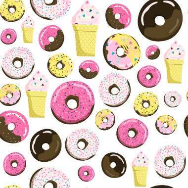 Tatlı sorunsuz çörek, kahve ve dondurma desen. Yaz parti bayrakları garland ile arka plan. Kaydırma, giyim, kumaş, ev dekor için kullanılabilir