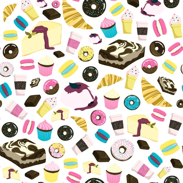 Patrón sin costuras dulces con pastel de queso, brownie, cupcake, chocolate, donut, helado, croissant, etc. . — Vector de stock