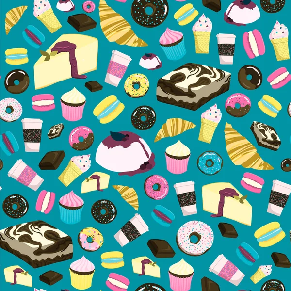 Patrón sin costuras dulces con pastel de queso, brownie, cupcake, chocolate, donut, helado, croissant, etc. Se puede utilizar para envolver, ropa, ropa de cama, decoración del hogar — Vector de stock