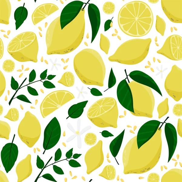 Lemon, green leaves and flowers background — Stock Vector