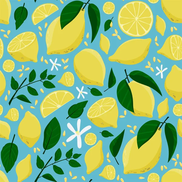 Zitrone, grüne Blätter und Blumen Hintergrund — Stockvektor