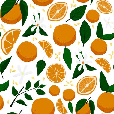 Portakal, çiçek ve yaprakları seamless modeli