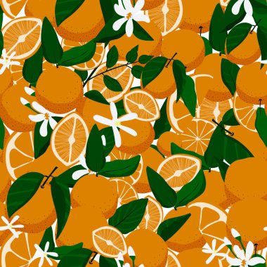 Portakal, çiçek ve yaprakları seamless modeli