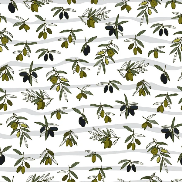 Nahtloser Olivenzweig und Streifenmuster. Handgezeichneter Hintergrund. — Stockvektor