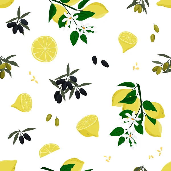 Olives et citrons sans couture motif. Fond dessiné à la main — Image vectorielle