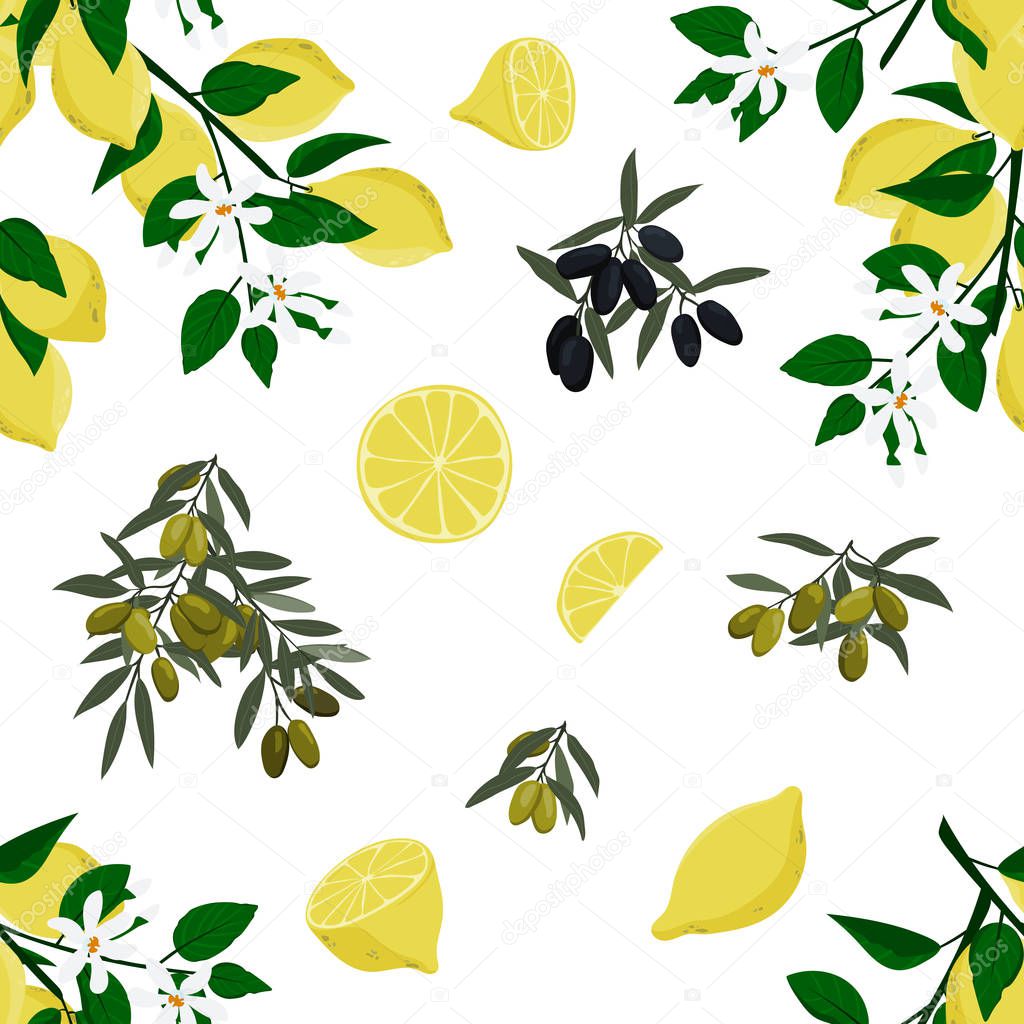Seamless olives and lemons pattern. Hand drawn background