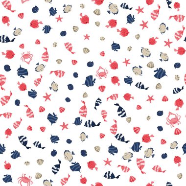 Balıklar, kabukları ve yengeç ile Seamless modeli