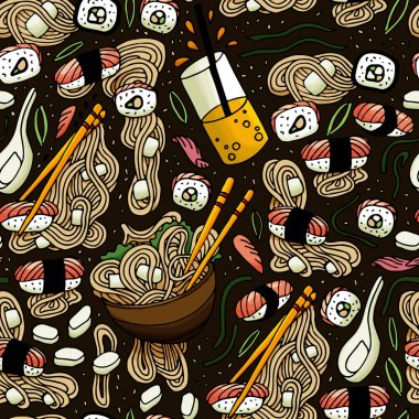 Kusursuz Japon mutfağı suşi, rulo ve ramen desen. Tekstil, giyim, ambalaj vb. için iyi.