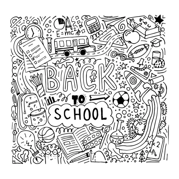 Tillbaka till skolan doodle stil illustration. Skolbuss, ryggsäck, penna, raket, sneaker, Schoolboarden etc. — Stock vektor