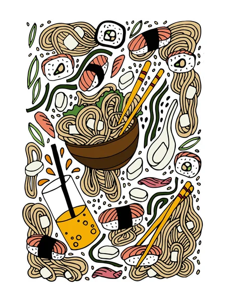 Ramen e sushi doodle estilo mão desenhada ilustração colorida. Comida japonesa. Cozinha asiática . — Vetor de Stock