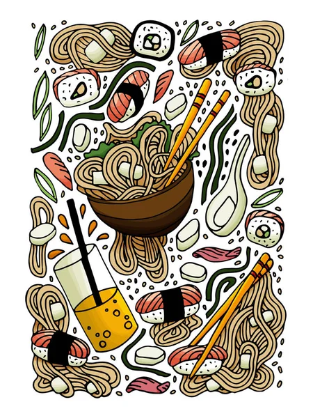 Ramen och sushi doodle stil hand dras färgade illustration. Japansk mat. Asiatiska köket. — Stock vektor