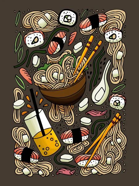 Ramen ve suşi doodle tarzı çizilmiş renkli resimde ver. Japon yemekleri. Asya mutfağı.