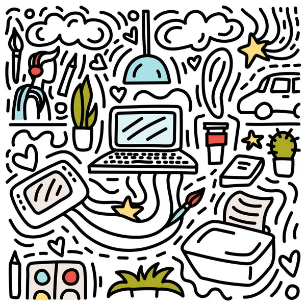 Ilustração de doodle freelance. Trabalho no café de manhã. Conceito de pequenas empresas . — Vetor de Stock