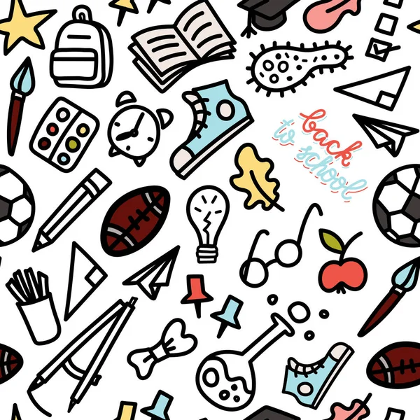 Retour à l'école style doodle motif sans couture. Bus scolaire, sac à dos, crayon, fusée, baskets, planche d'école, etc. . — Image vectorielle