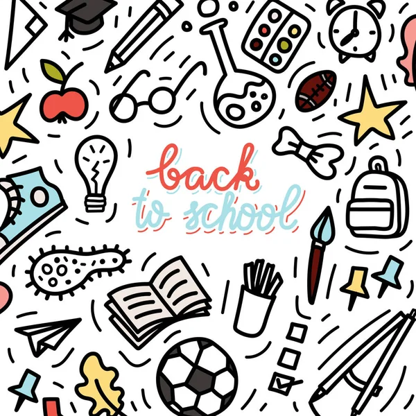 Back to school doodle style illustration. School bus, bagpack, pencil, rocket, sneaker, schoolboard etc. — Stock Vector