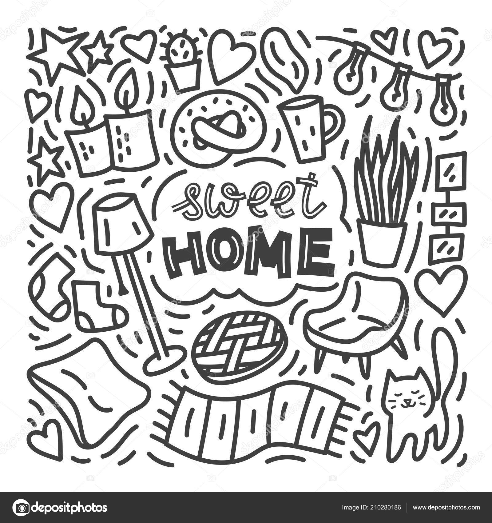Sweet home doodle illustration with cat, plants, pictures, cup of