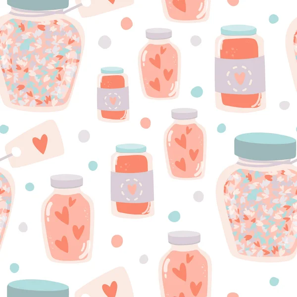 Valentines Day seamless pattern. Jars with hearts — Stock Vector