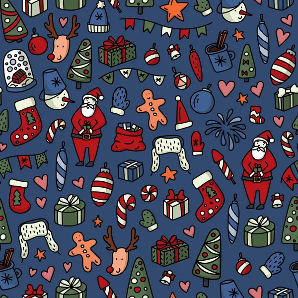 Weihnachten und Neujahr Doodles nahtlose Muster. Zeichen und Symbole für den Winterurlaub - Weihnachtsmann, Weihnachtskugel, Schneemann, Tanne, Kakao usw.. — Stockvektor