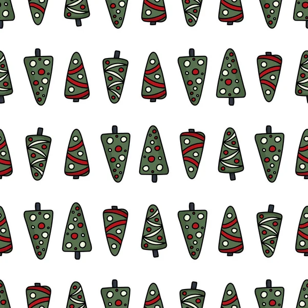 Dibujado a mano del árbol de Navidad doodle patrón sin costuras para el año nuevo 2019 — Archivo Imágenes Vectoriales