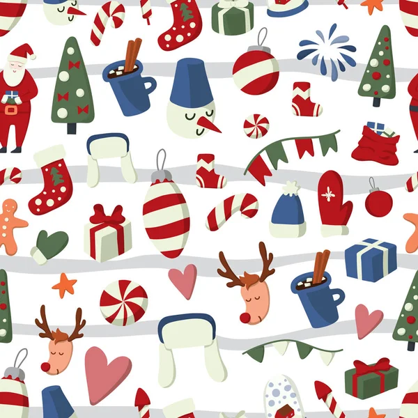 Weihnachten und Neujahr nahtlose Muster mit Winterferien Symbole: Tanne, heiße Schokolade, Hut, Feuerwerk, Fäustlinge, Süßigkeiten, Geschenke usw.. — Stockvektor