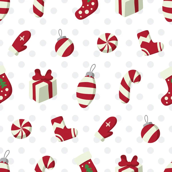 Різдвяний та новорічний безшовний візерунок з символами зимових свят: рукавички, солодощі, подарунки тощо . — стоковий вектор