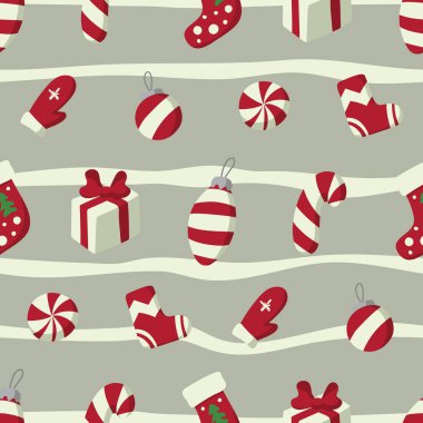 Noel ve yeni yıl seamless modeli ile kış tatil sembolleri: mittens, tatlılar, hediyeler vb.