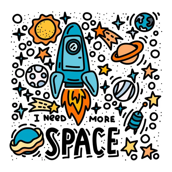 I need more space doodles and lettering. Cartoon hand drawn rocket and planets poster design — Stock Vector