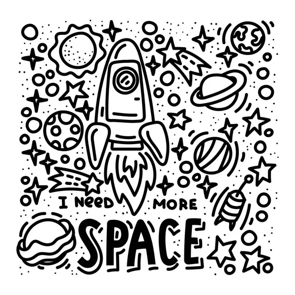 Necesito más garabatos y letras. Diseño de póster de cohetes y planetas dibujado a mano — Vector de stock